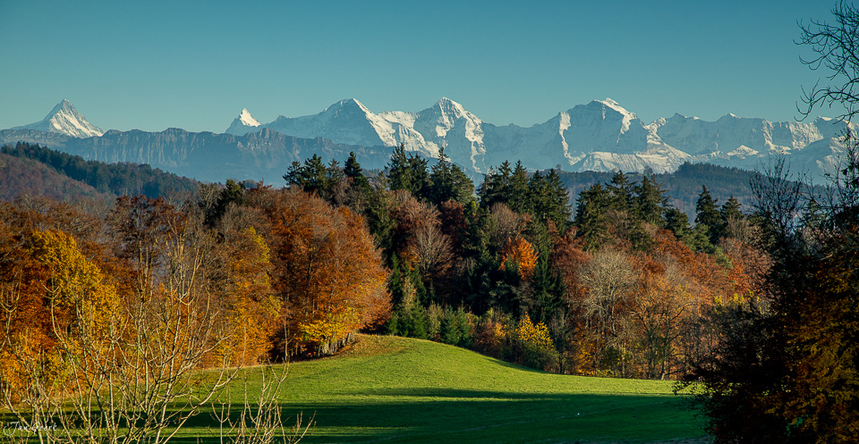 Herbstliche Berglandschaft mit schneebedeckten Alpengipfeln bei Buetschelegg im Berner Oberland Schweiz von Fotograf Jan Geerk Basel