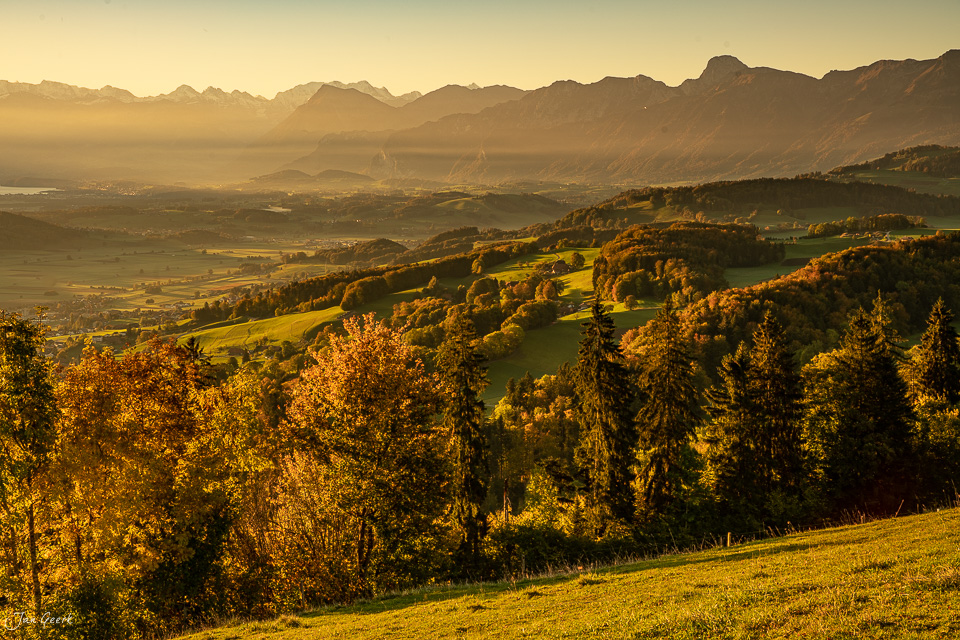 Herbstliche Berglandschaft bei Bütschelegg mit goldener Morgenlichtstimmung, Berner Oberland Schweiz – Jan Geerk Fotograf Basel