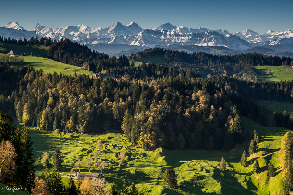 Alpwiese mit Wald und schneebedeckten Alpen im Emmental Frühling grüne Hügel Berner Oberland Schweiz Jan Geerk Fotograf Basel