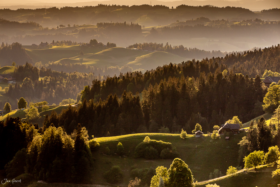 Emmental Landschaft mit Wäldern und Hügeln in goldener Sommersonne, Bern Schweiz – Jan Geerk Fotograf Basel