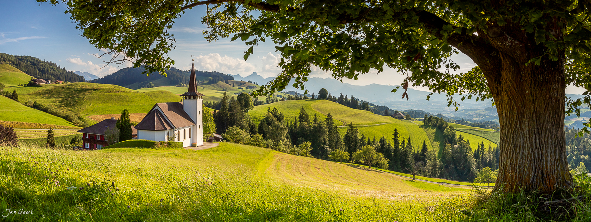 Kirche im Emmental mit grünen Hügeln, altem Buchenbaum und Bergpanorama Sommer Schweiz – Jan Geerk Fotograf Basel