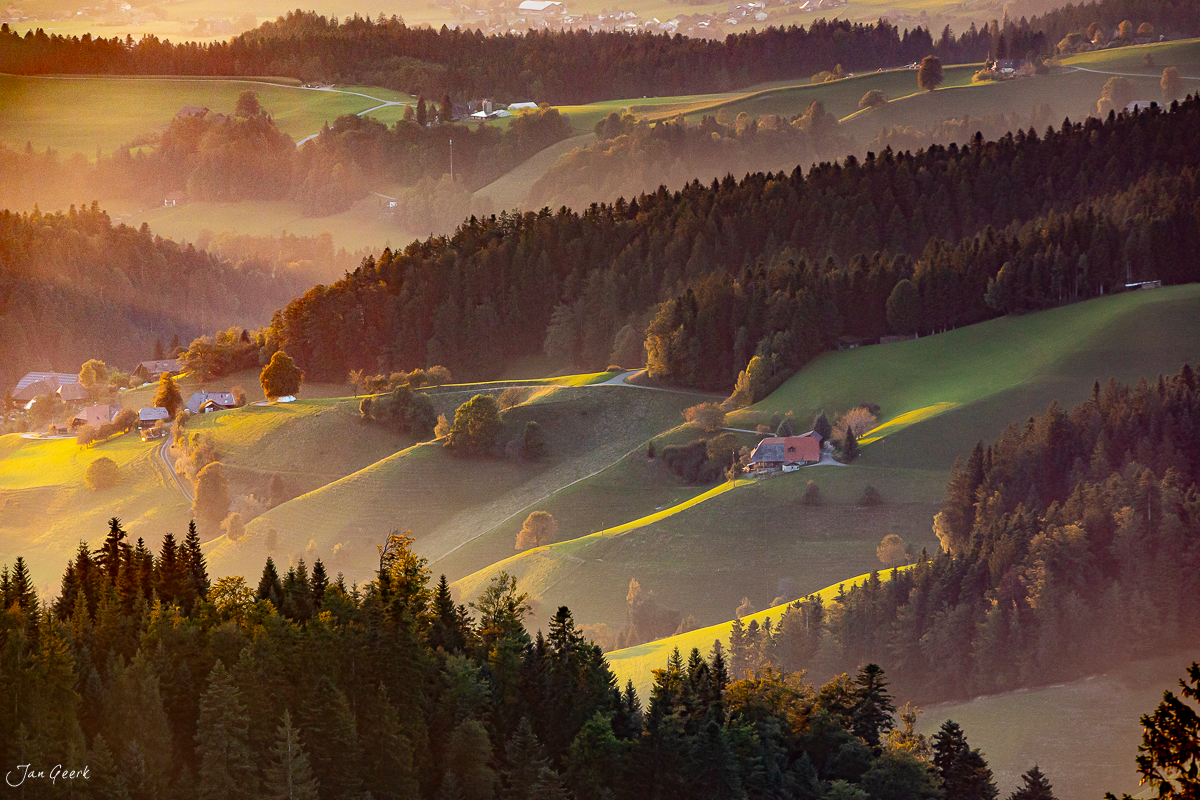 Morgenlicht über Lüderenalp Hügel mit Wald und Bauernhöfen Emmental Schweiz Jan Geerk Fotograf Basel