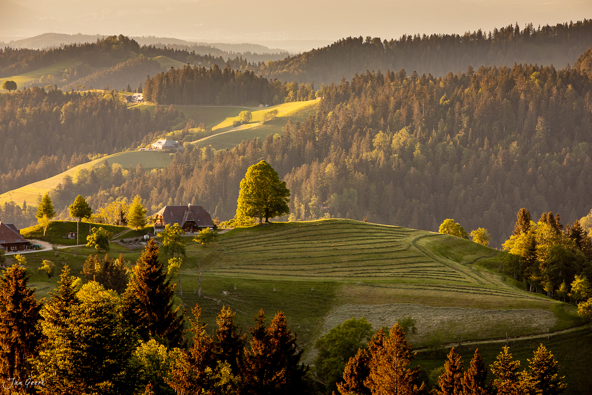 Herbstliche Berglandschaft in Lüderenalp mit goldenen Lärchen und Streulicht Emmental Schweiz Jan Geerk Fotograf Basel