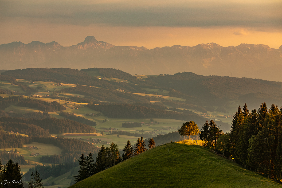 Alpenmassiv über dem Emmental mit grünen Hügeln, Wald und Bauernhöfen in goldener Abendstimmung – Schweiz Jan Geerk Fotograf Basel