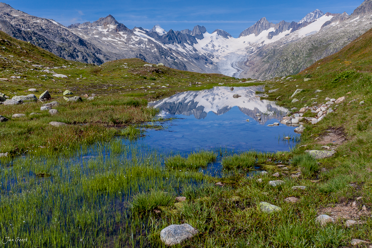 Bergsee mit Spiegelung am Grimsel, grüne Alpweide mit verschneiten Gipfeln im Hintergrund, Sommer in den Berner Alpen Schweiz – Jan Geerk Fotograf Basel