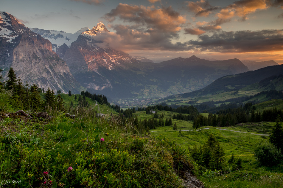 Alpenpanorama bei Grosse Scheidegg mit Eiger, grüne Wiesen und dramatischem Sonnenuntergang, Berner Oberland Schweiz – Jan Geerk Fotograf Basel