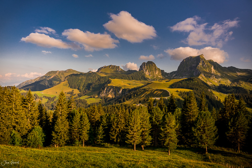 Alpenmassiv Gurnigel mit grünen Weiden, Fichtenwäldern und dramatischen Bergspitzen in Sommersonne, Berner Oberland Schweiz – Jan Geerk Fotograf Basel