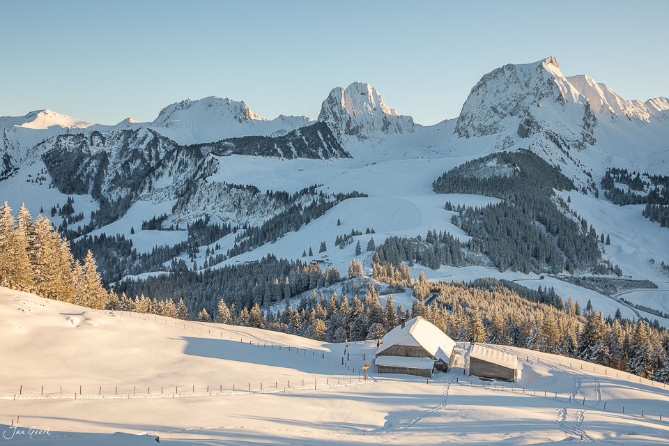 Verschneite Alplandschaft mit Lärchen und Berggipfeln am Gurnigel im Berner Oberland Schweiz – Jan Geerk Fotograf Basel