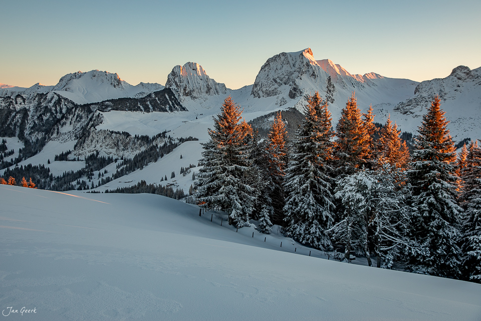 Schneebedeckte Berglandschaft am Gurnigel mit leuchtenden Lärchen bei Sonnenuntergang, Berner Oberland Schweiz – Jan Geerk Fotograf Basel