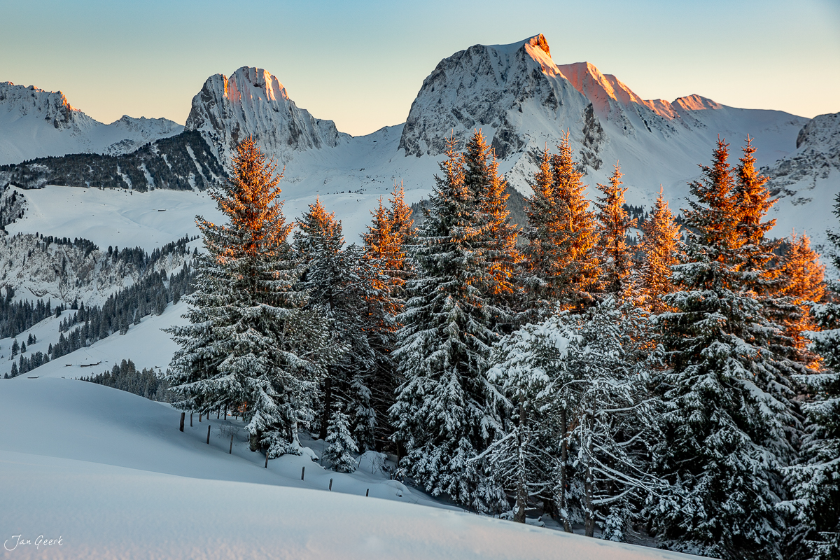 Herbstliche Lärchen und schneebedeckte Berglandschaft am Gurnigel im Berner Oberland Schweiz – Jan Geerk Fotograf Basel