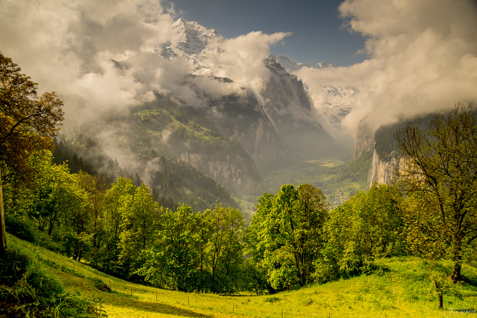 Lauterbrunnen-Tal mit schneebedeckter Jungfrau, Nebel und grünen Wiesen im Frühling, Berner Oberland Schweiz – Jan Geerk Fotograf Basel