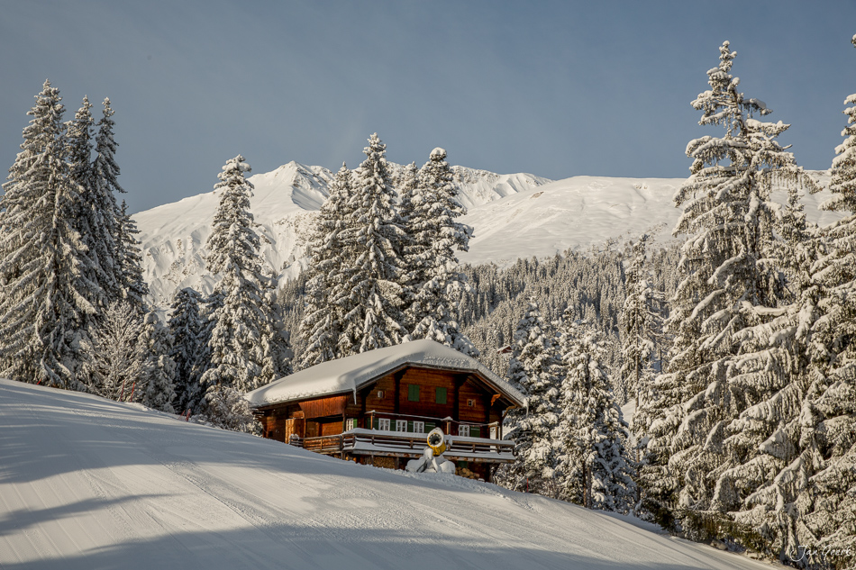 Verschneites Holzchalet in Lenk umgeben von schneebedeckten Fichten und Bergkulisse, Wintersonne – Jan Geerk Fotograf Basel