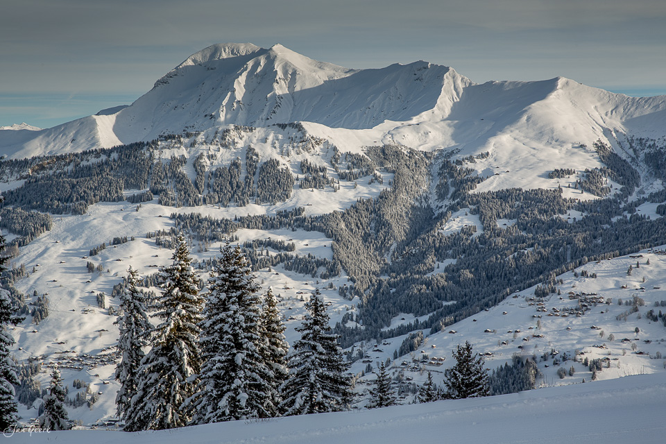 Schneebedeckte Berglandschaft mit Wildstrubel und verschneiten Tannenwäldern in Lenk, Berner Oberland, Schweiz – Jan Geerk Fotograf Basel