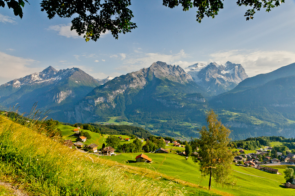 Alpendorf Hasliberg mit Wellhorn Wetterhorn Engelhorner Sommerlandschaft Berner Oberland Schweiz