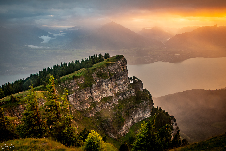 Felsklippe mit Alpweiden und Fichten am Niederhorn bei Sonnenuntergang, Berner Oberland Schweiz – Jan Geerk Fotograf Basel