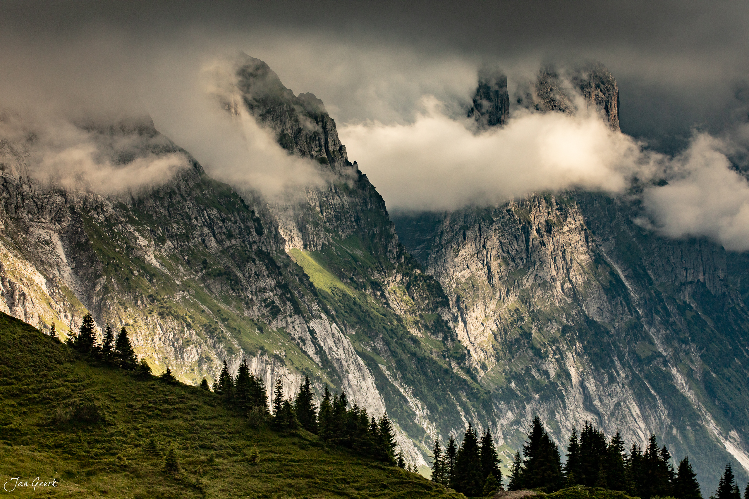 Nebelverhangene Felswände und Alpwiesen in Rosenlaui, Berner Oberland, Sommerlicht – Jan Geerk Fotograf Basel