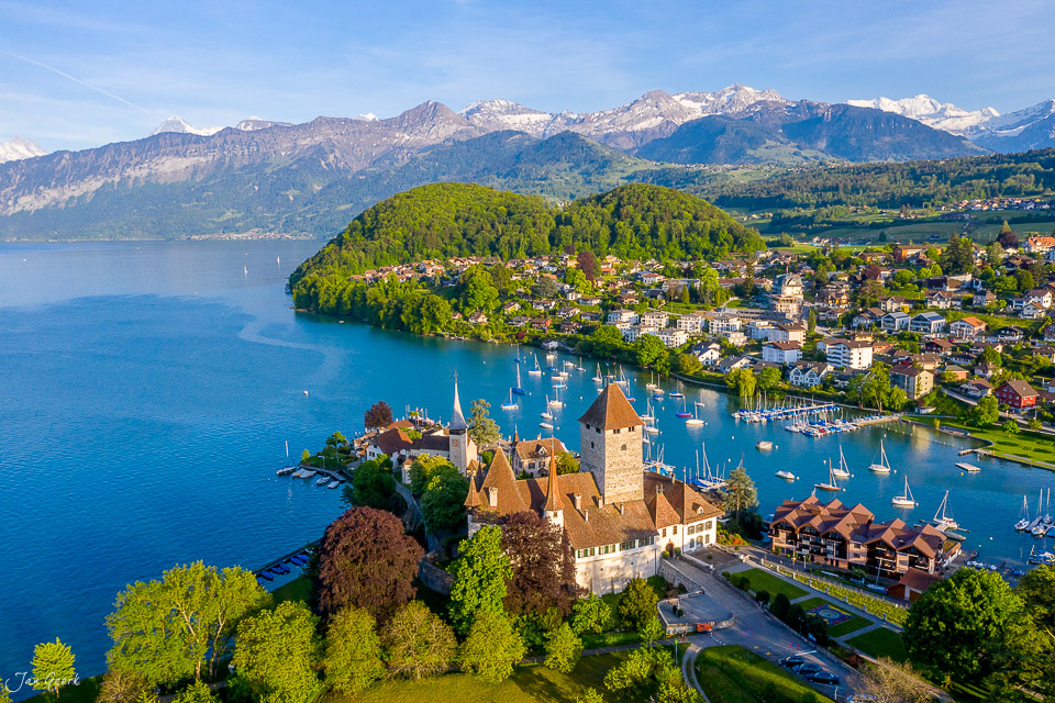 Schloss Spiez am Thunersee mit Segelbooten, Alpenpanorama im Hintergrund, Luftaufnahme, Sommer, Berner Oberland Schweiz – Jan Geerk Fotograf Basel