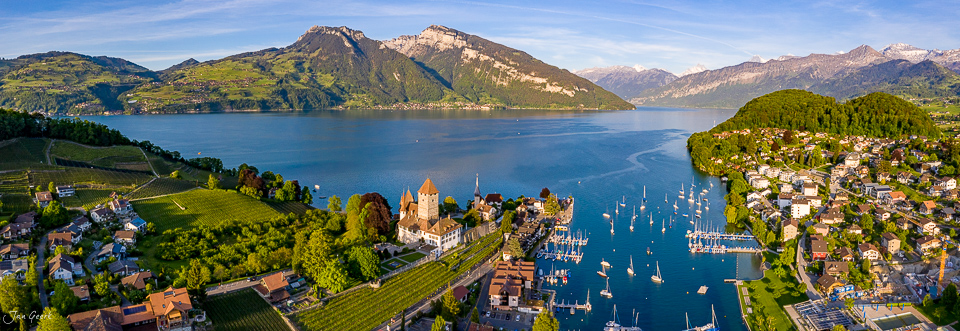 Schloss Spiez am Thunersee mit Segelbooten, Rebbergen und Alpen im Hintergrund, Herbstlicht, Berner Oberland Schweiz – Jan Geerk Fotograf Basel