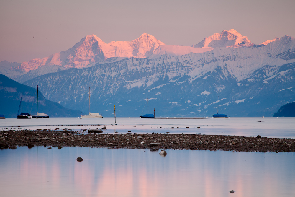 Thunersee Gwatt Segelboote Schneeberge Sonnenaufgang Berner Oberland Schweiz Jan Geerk Fotograf Basel