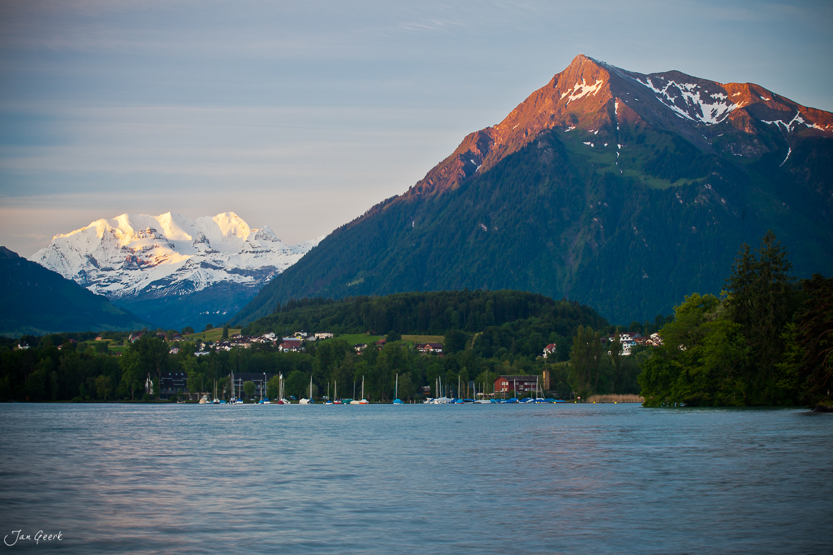Thunersee Seeufer mit Segelbooten Alpenpanorama Sommer Berner Oberland Schweiz