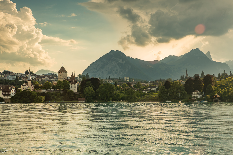 Segelboote auf dem Thunersee vor Spiez mit majestätischen Alpen und historischem Schloss, Herbstlicht Berner Oberland Schweiz – Jan Geerk Fotograf Basel