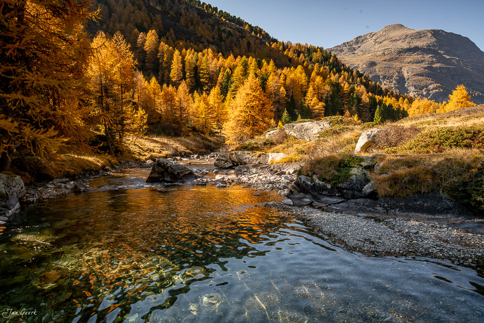Herbstliche Lärchen am Berninapass mit Gebirgsbach und Alpenpanorama, Graubünden Schweiz – Jan Geerk Fotograf Basel