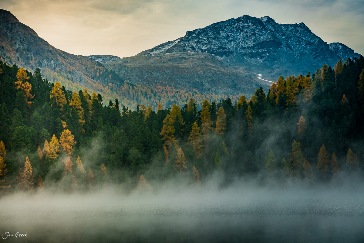 Herbstwald mit Nebel und Berggipfel im Engadin Graubünden Schweiz – Jan Geerk Fotograf Basel