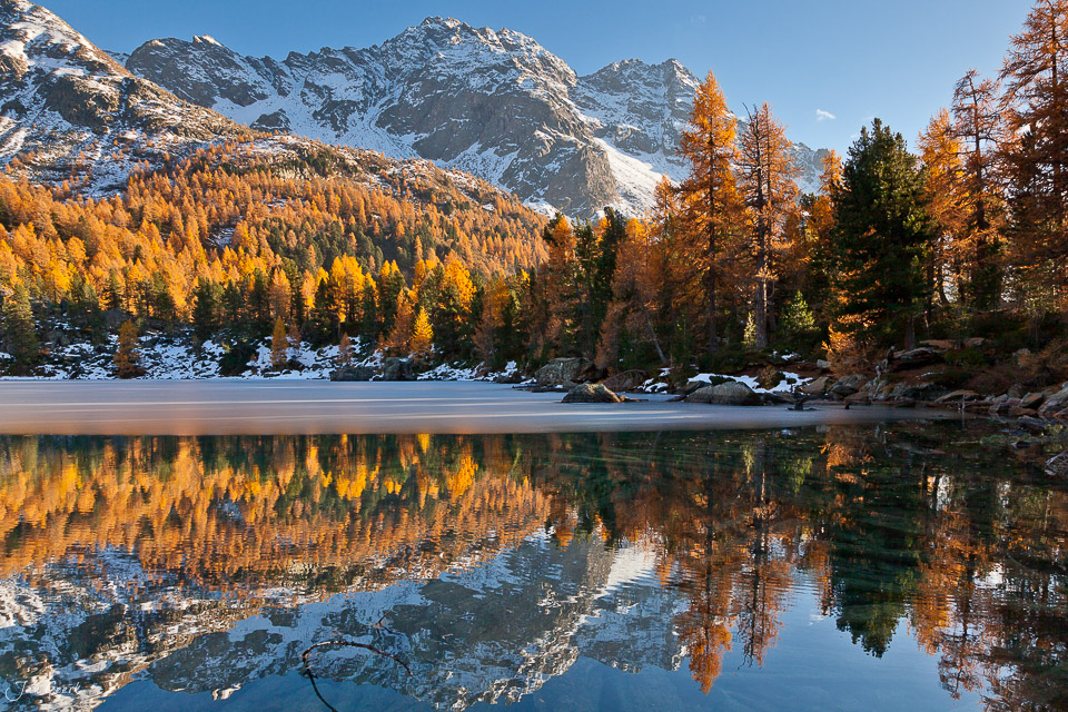 Lago di Saoseo Herbst Lärchen Spiegelung Engadin Graubünden Schweiz Jan Geerk Fotograf