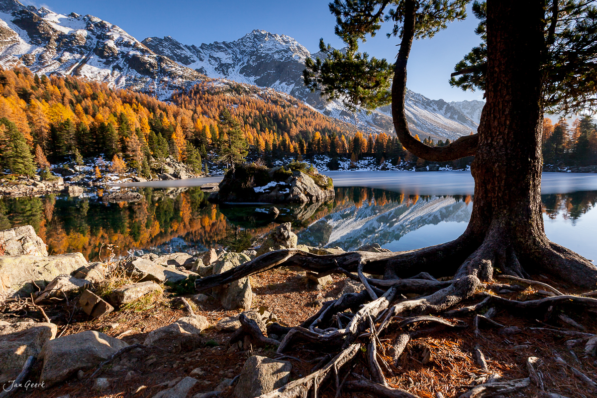 Lago di Saoseo Herbst Lärchen Bergsee Engadin Graubünden Schweiz Jan Geerk Fotograf Basel