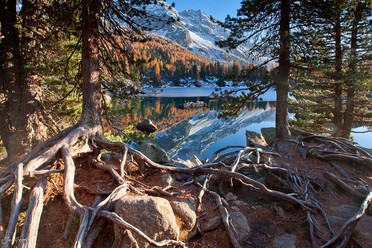 Bergsee mit Lärchenwäldern und verschneitem Gipfel Herbst Engadin Graubünden Schweiz Jan Geerk Fotograf Basel