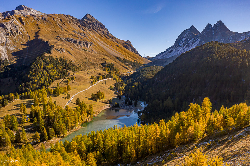 Berglandschaft mit Fluss und Lärchenwald am Palpuognasee Graubünden Herbst Schweiz Jan Geerk Fotograf Basel