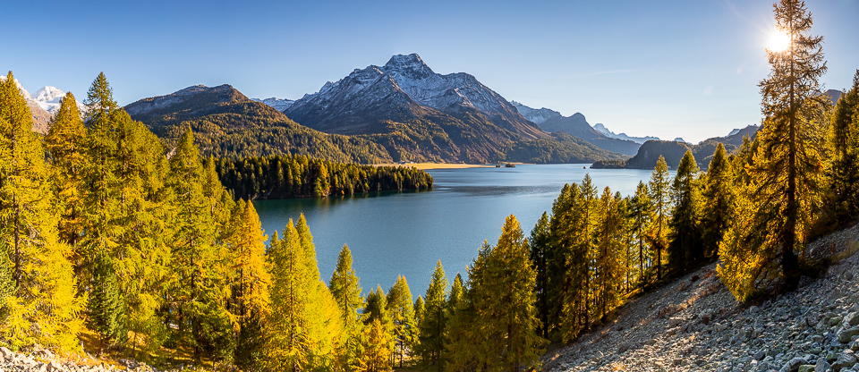 Silsersee im Engadin mit goldenen Lärchen Herbst Graubünden Schweiz Jan Geerk Fotograf Basel