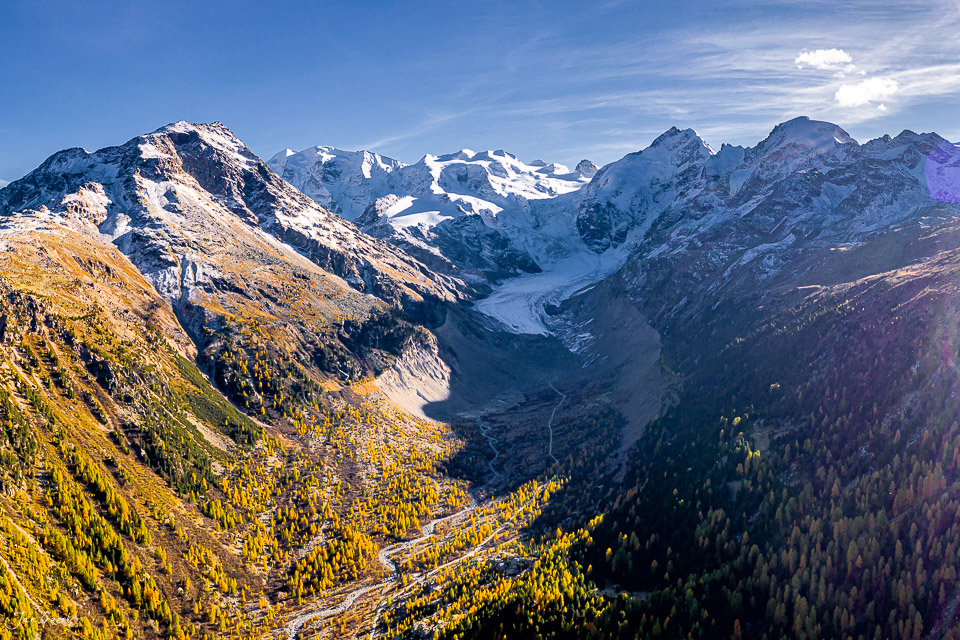 Gletscherlandschaft Morteratsch herbstliche Lärchenwald Graubünden Schweiz Jan Geerk Fotograf Basel