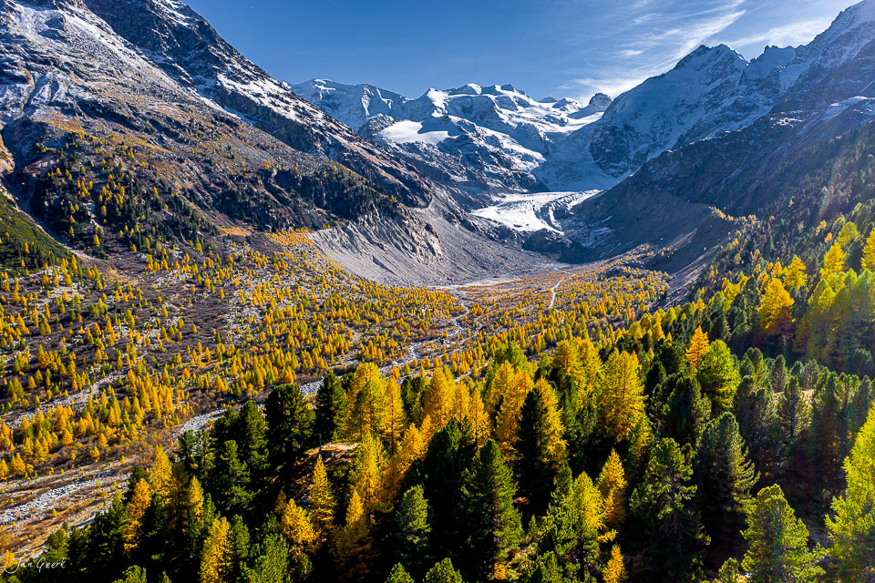Alpental mit Lärchenwäldern im Herbst, Gletscher und schneebedeckte Berggipfel, Graubünden Schweiz – Jan Geerk Fotograf Basel