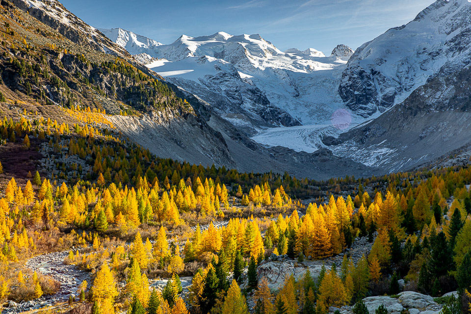 Herbstliche Lärchenlandschaft mit Gletscher und schneebedeckten Gipfeln im Hintergrund, Morteratsch, Graubünden, Schweiz – Jan Geerk Fotograf Basel