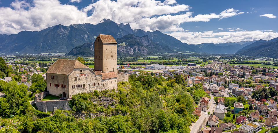 Schloss Sargans über grüner Landschaft, Rheintal und Berge im Sommer, Graubünden Schweiz – Jan Geerk Fotograf Basel