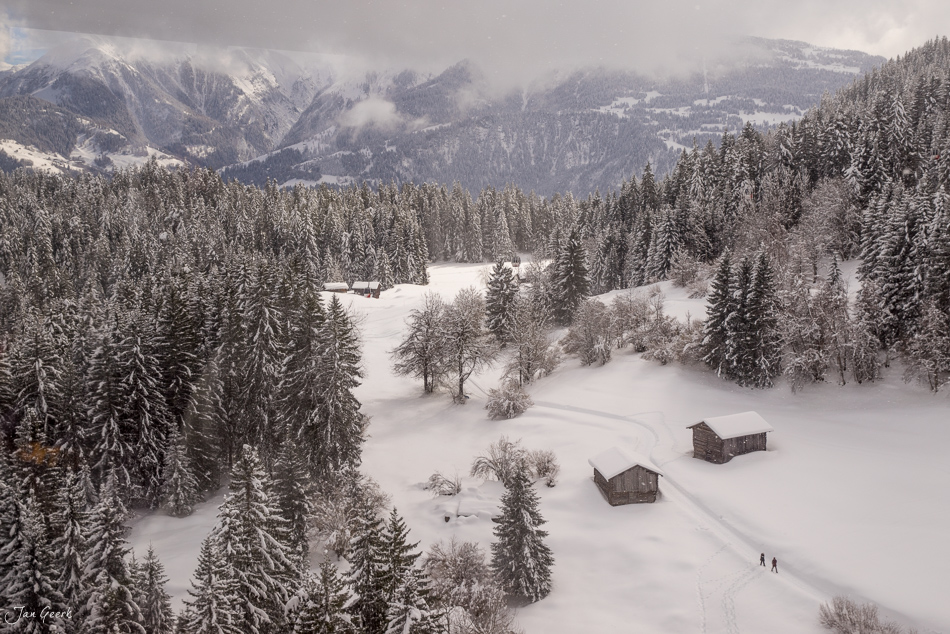 Verschneite Berglandschaft mit Fichtenwäldern und traditionellen Alphütten in Laax, Graubünden, Schweiz – Jan Geerk Fotograf Basel