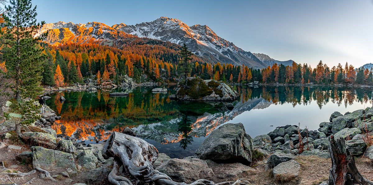 Lago di Saoseo im Herbst mit golden gefärbten Lärchen und schneebedeckten Bergen, klare Spiegelung im See, Schweiz – Jan Geerk Fotograf Basel