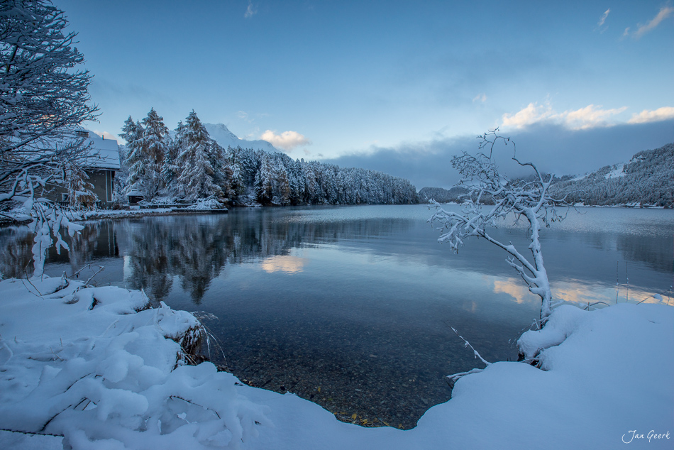 Gefrorener Silsersee im Winter mit schneebedeckten Bäumen und Bergen in Graubünden Schweiz – Jan Geerk Fotograf Basel