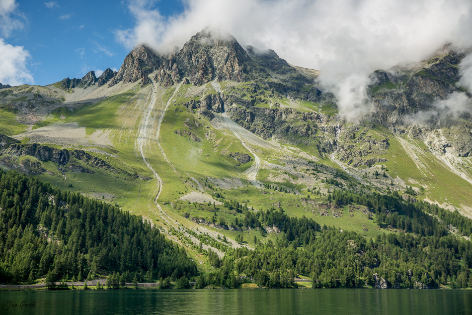 Alpiner See mit Berggipfel, grüne Wiesen und Wald am Silsersee im Sommer, Graubünden Schweiz – Jan Geerk Fotograf Basel
