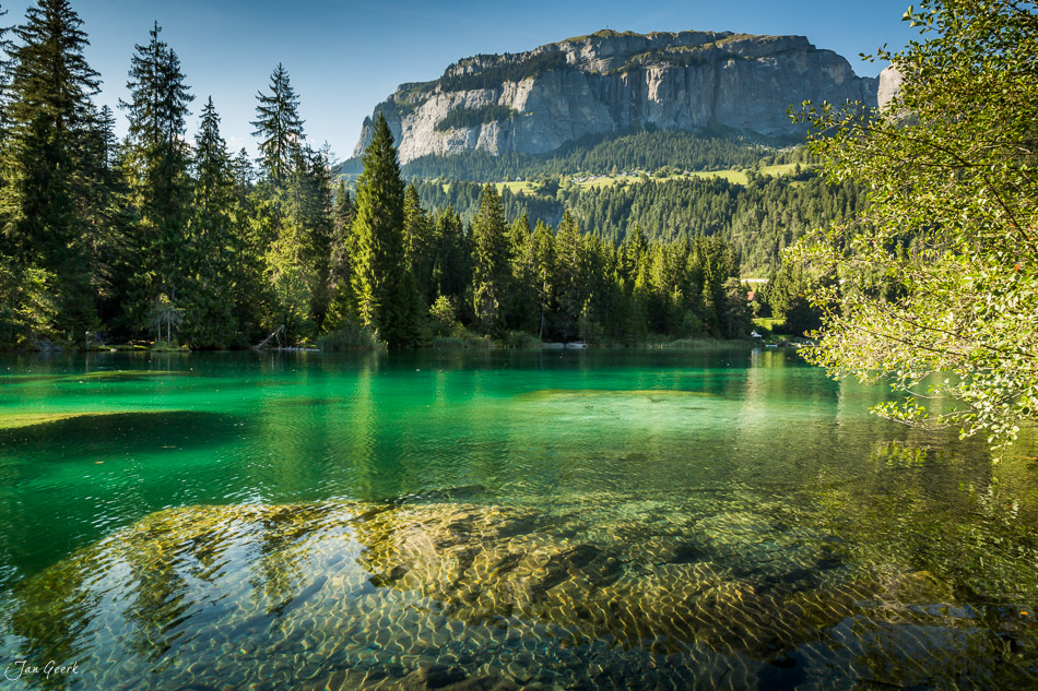 Kristallklarer Bergsee Crestasee mit Bergpanorama, Nadelwald und smaragdgrünem Wasser im Sommer in Graubünden Schweiz – Jan Geerk Fotograf Basel