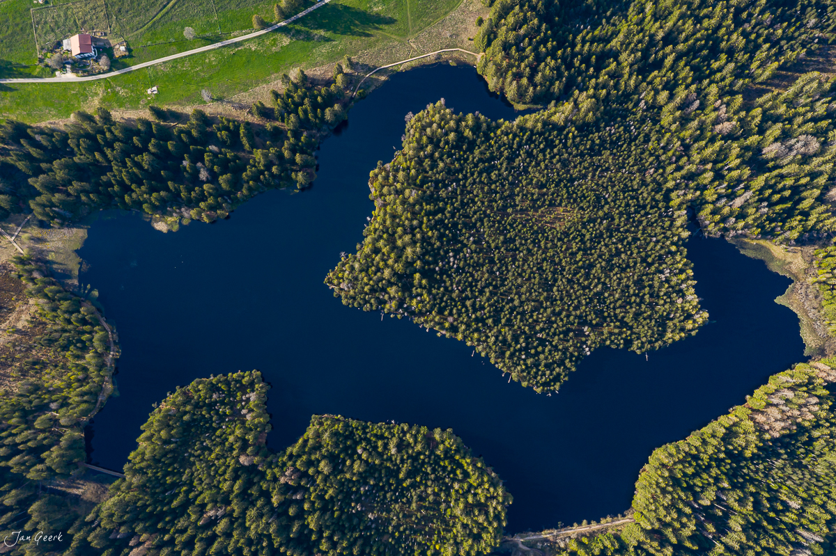 Luftaufnahme See mit Waldinseln Frühling Jura Schweiz Jan Geerk Fotograf Basel