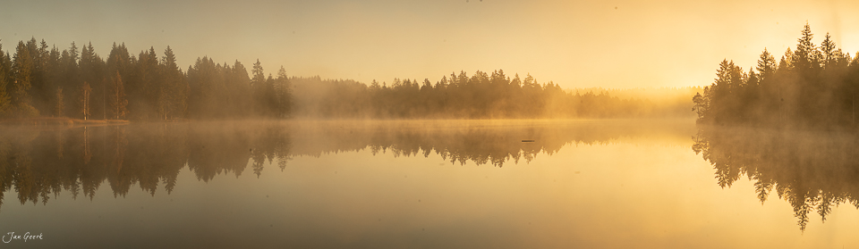 Nebel über spiegelglatter Seefläche mit Nadelwald in goldener Morgenstimmung, Jura Schweiz – Jan Geerk Fotograf Basel