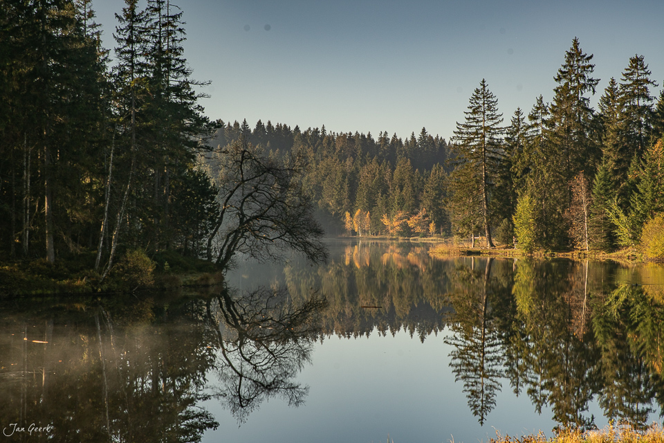 Stiller See mit Wald-Spiegelung Herbstlicht Jura Schweiz Jan Geerk Fotograf Basel