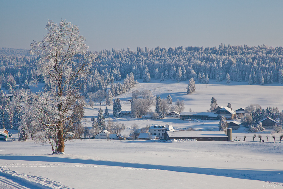 Verschneite Winterlandschaft Franches-Montagnes mit gefrorener See Bauernhöfe Jura Schweiz