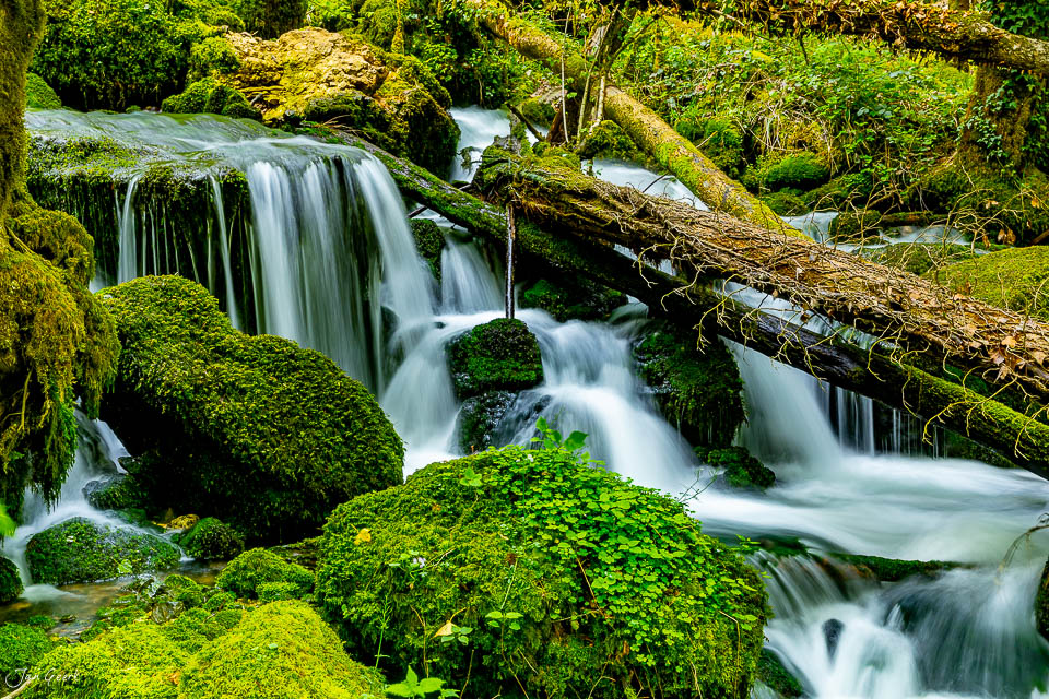 Moosbedeckte Felsen und Wasserfälle in den Gorges de Pichoux im Frühling, Jura Schweiz – Jan Geerk Fotograf Basel
