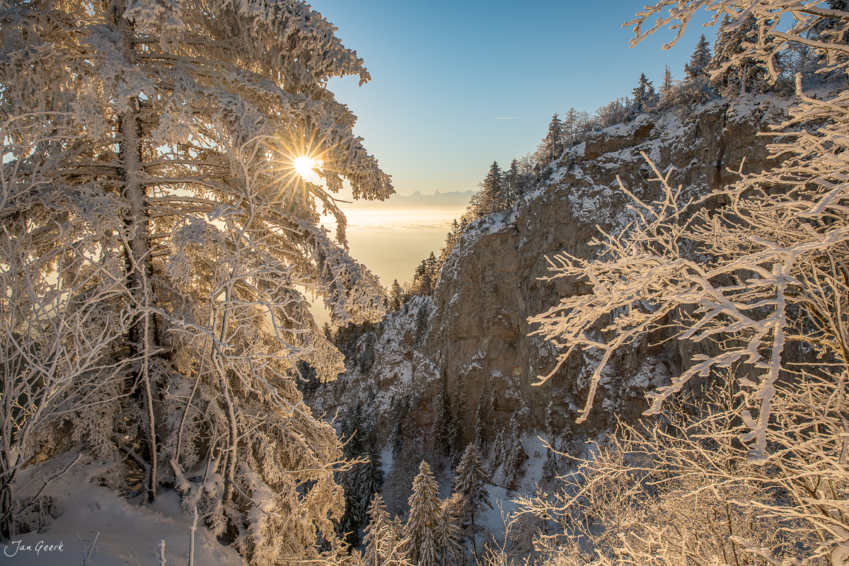 Verschneite Tannenwälder und Felswände am Grenchenberg bei Sonnenaufgang, Jura Solothurn Schweiz – Jan Geerk Fotograf Basel