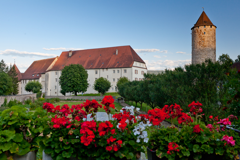 Schloss Porrentruy mit roten Blüten im Sommer, Jura-Region Schweiz – Jan Geerk Fotograf Basel