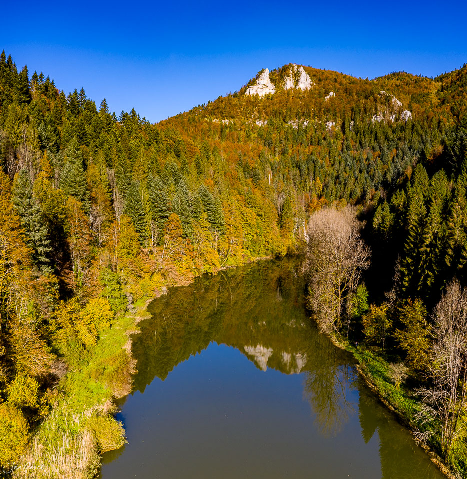 Luftaufnahme des Theusseret mit Flussreflexion, Herbstwald in Goldtönen, Jura Schweiz – Jan Geerk Fotograf Basel