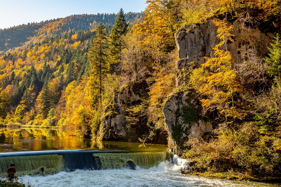 Herbstlicher Flusstal mit Felsen und Lärchenwälder am Theusseret Jura Schweiz – Jan Geerk Fotograf Basel